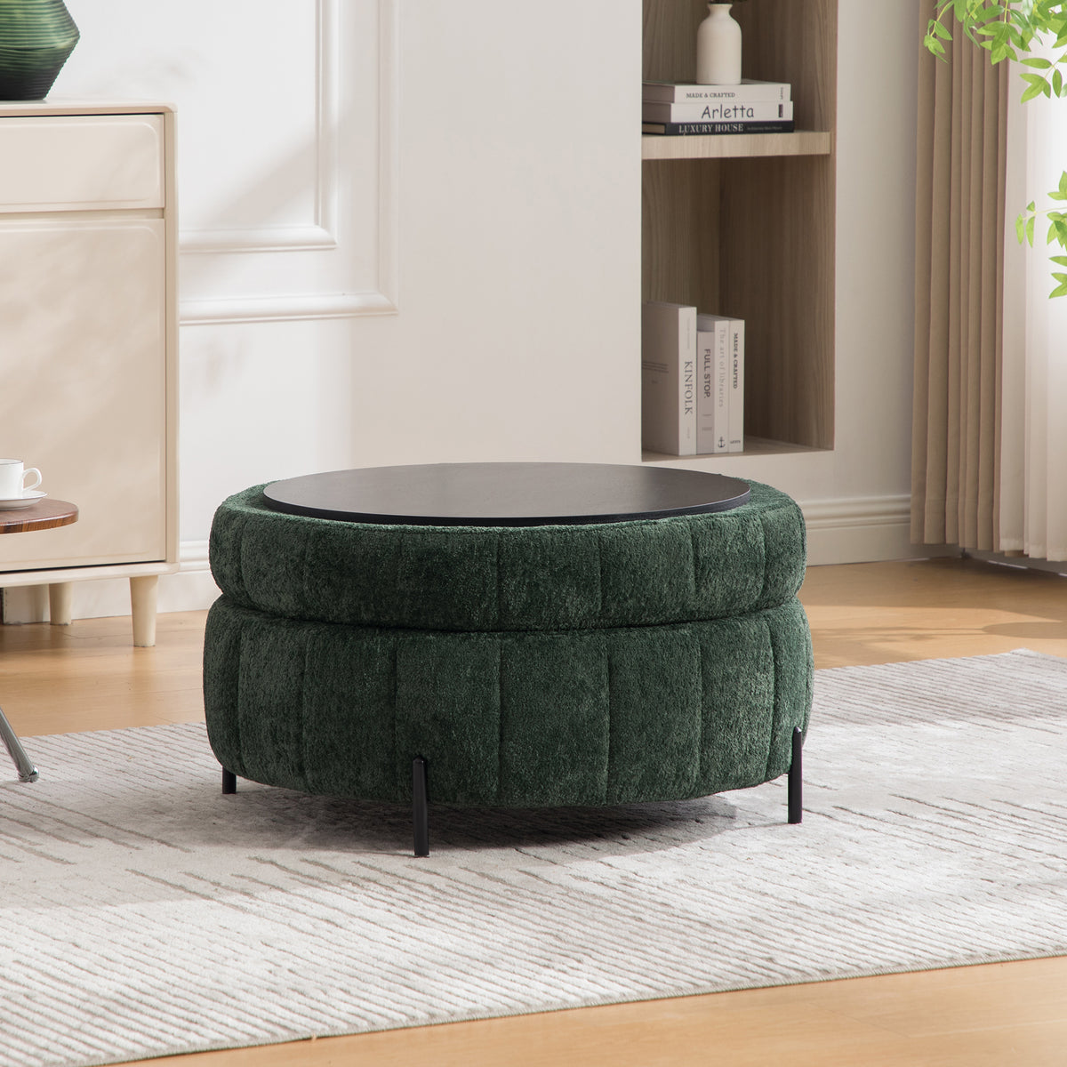 Round Storage Ottoman with Reversible Lid, Green – alternate view 1