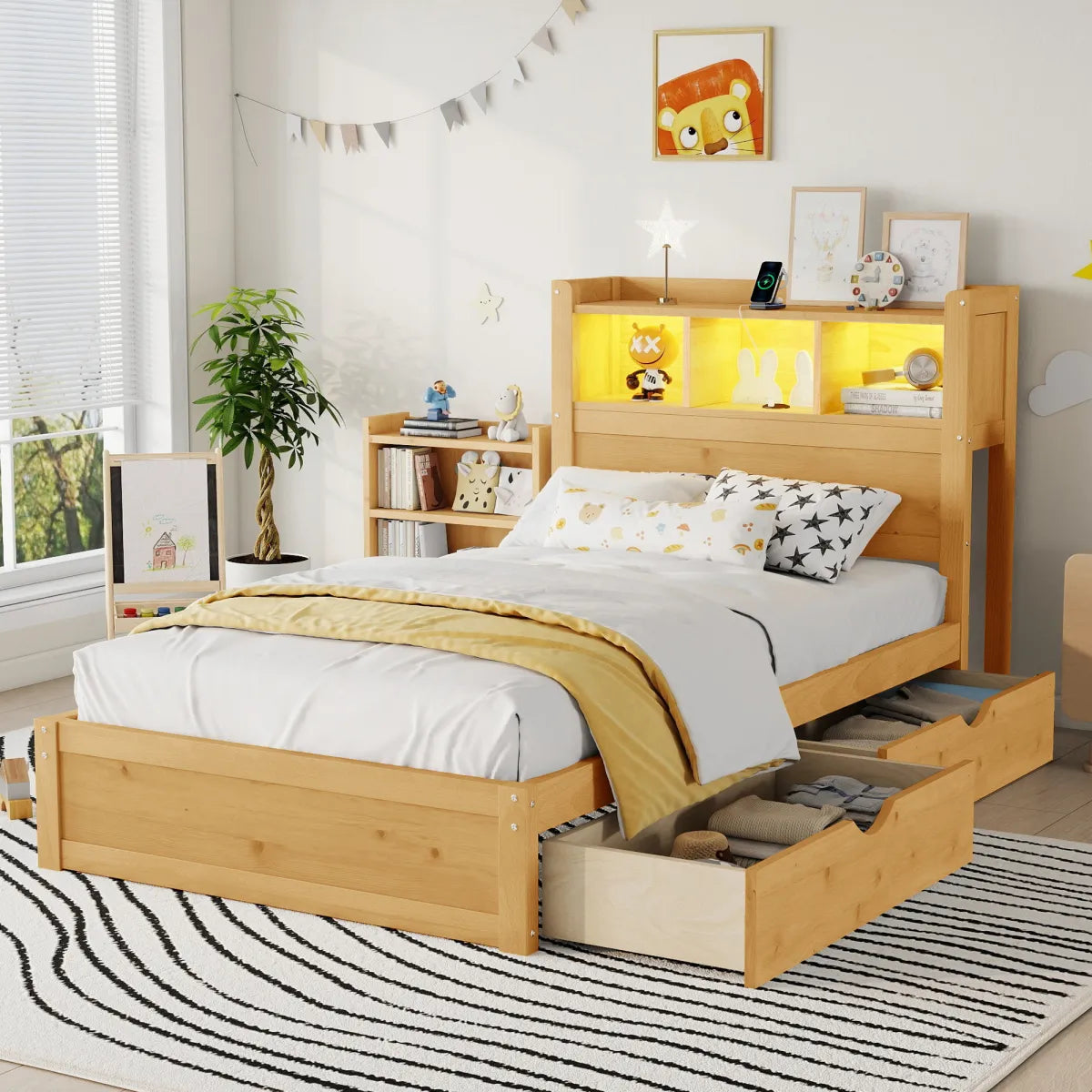 Twin Wood Bed Frame with Storage Headboard, Pull-Out Cabinet.