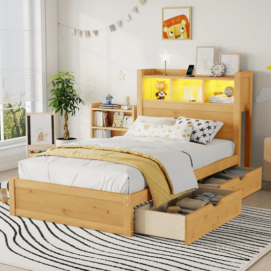 Twin Wood Bed Frame with Storage Headboard, Pull-Out Cabinet.