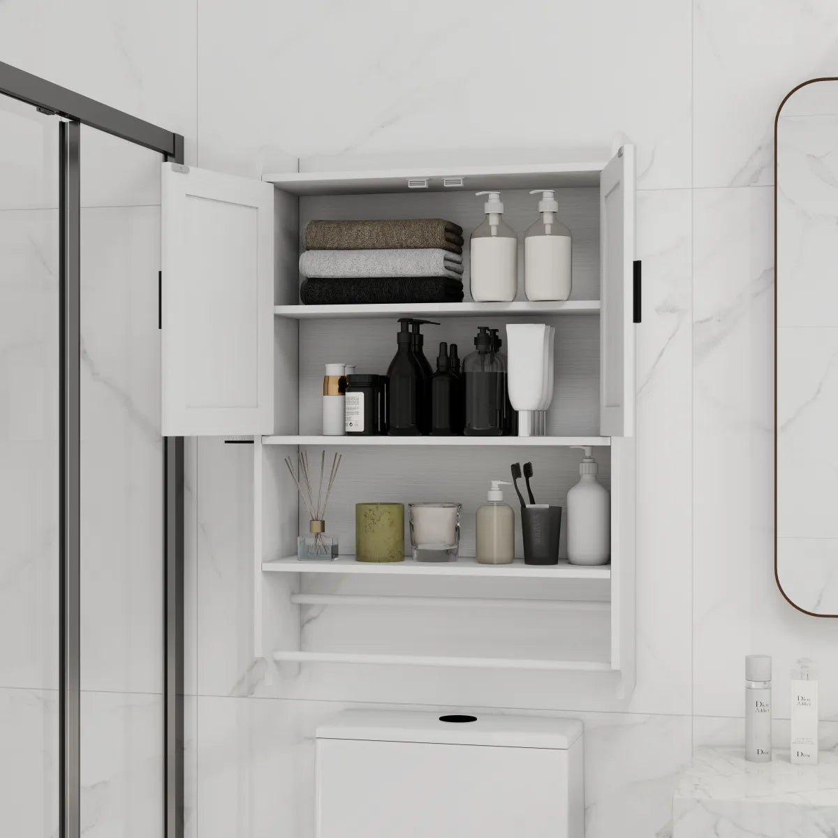 Bathroom Wall Cabinet with Adjustable Shelf, Towel Bar and Paper Holder, White