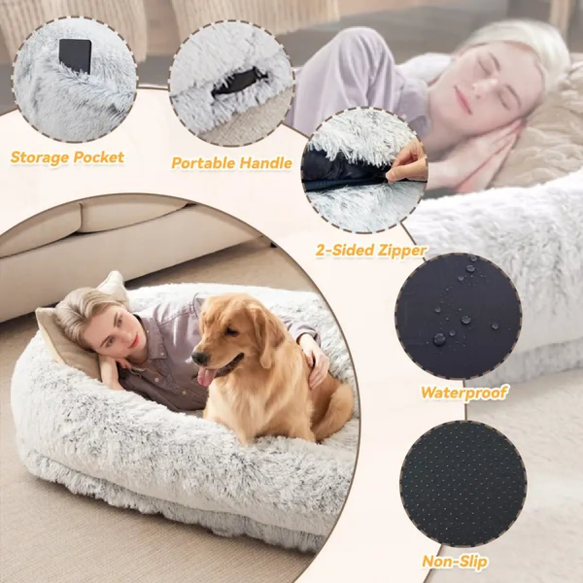Large Human Dog Bed – Washable Faux Fur Nap Bed for You and Your Pet