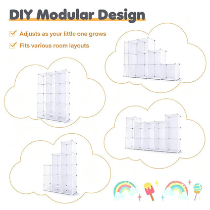 3-Cube Modular Kids Closet with Hanging Rods, Tool-Free Assembly, White
