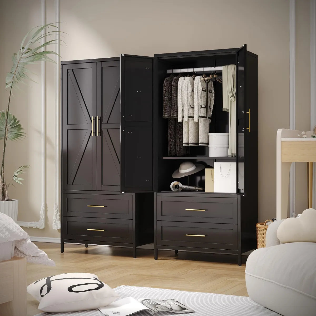 Metal Wardrobe Closet with Doors – 2 Drawers, Hanging Rod & Shelf, Black Bedroom Armoire – view 2
