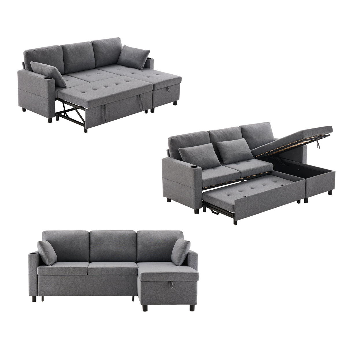 L-shaped sofa bed with storage chaise, grey