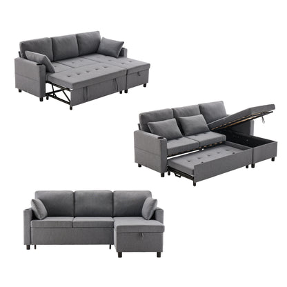 L-shaped sofa bed with storage chaise, grey