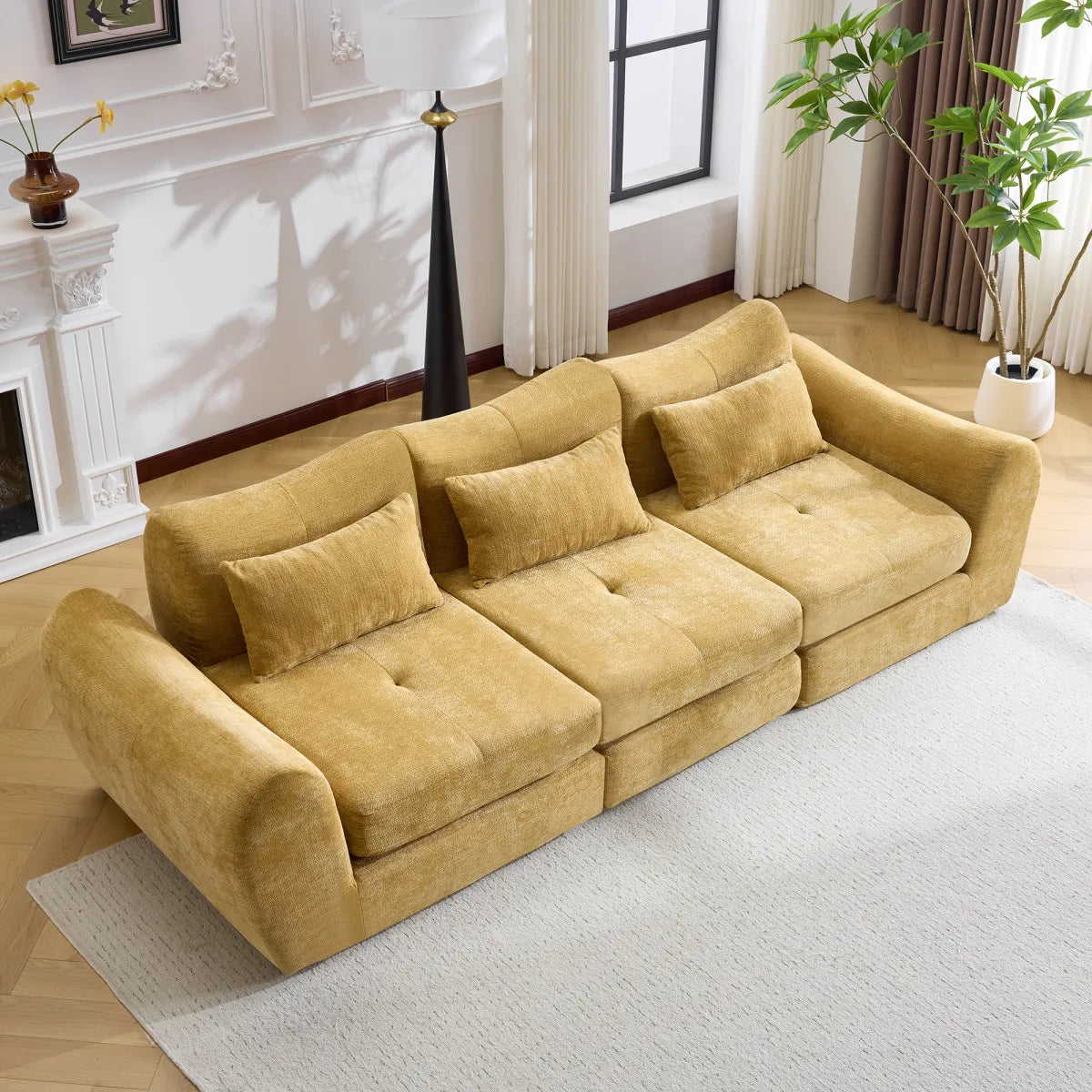 3-Seat Modular Cloud Sofa Bed, Yellow Chenille – view 2