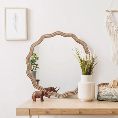 Scalloped Wood Frame Round Wall Mirror, Antique Natural