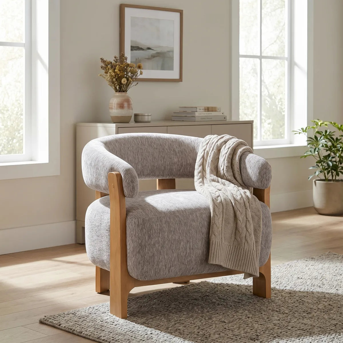 Mid-Century Modern Boucle Accent Chair with Solid Wood Frame