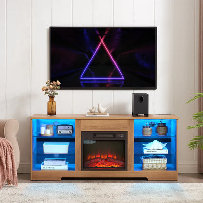58" Electric Fireplace TV Stand with LED Lights & Glass Shelves – view 3