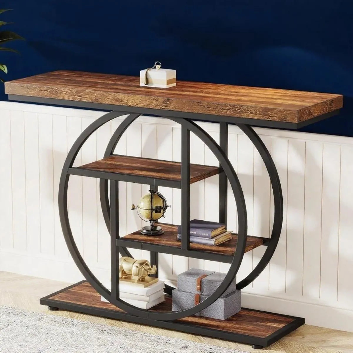 Console Table – Industrial 4-Tier Sofa & Entryway Table, Rustic Brown
