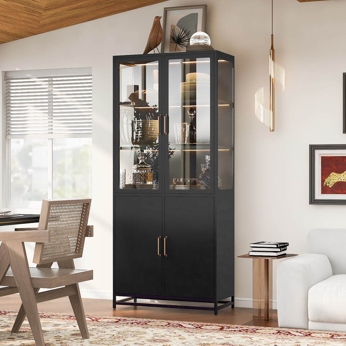 76.75 inch tall glass display cabinet, black