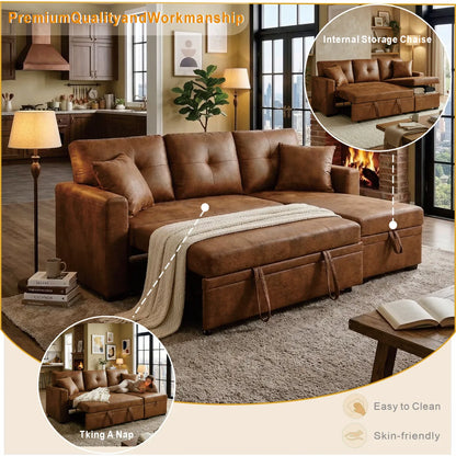 L-Shaped Pull-Out Sleeper Sofa – Reversible Chaise, Storage Sectional, Light Brown – view 6