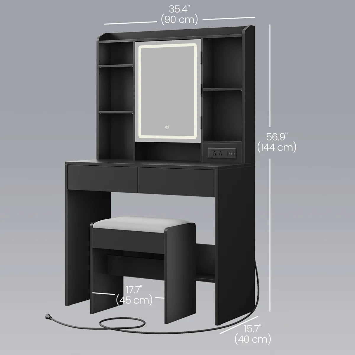 LED Lighted Vanity Desk with Mirror & Stool, Black – view 3