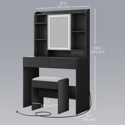 LED Lighted Vanity Desk with Mirror & Stool, Black – view 3