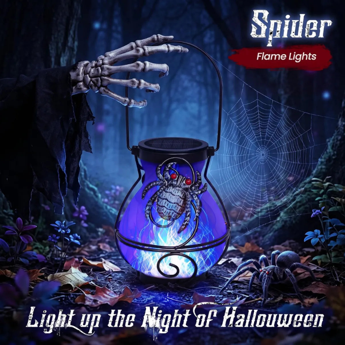 Halloween Solar Spider Lanterns, Set of 2, Flickering Flame