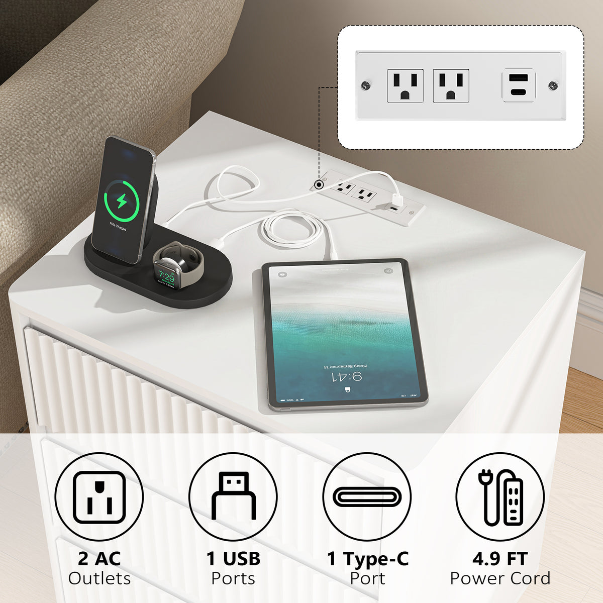 Set of 2 End Tables with USB-C Charging, White – alternate view 2