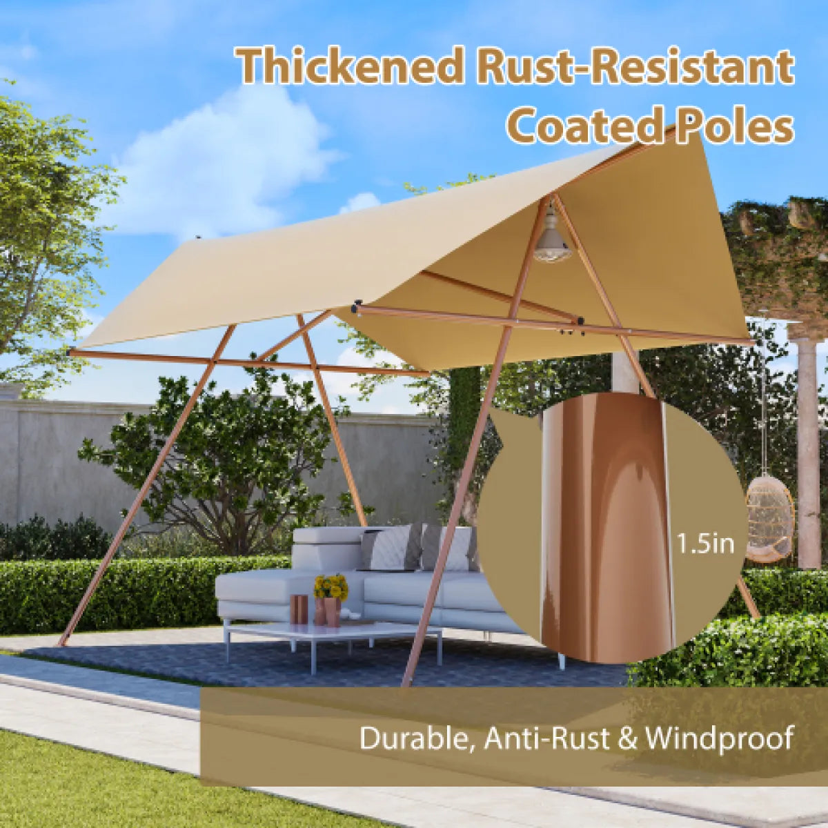 Hexagonal Sun Shade Sail Canopy with Rust-Resistant Poles, Light Khaki