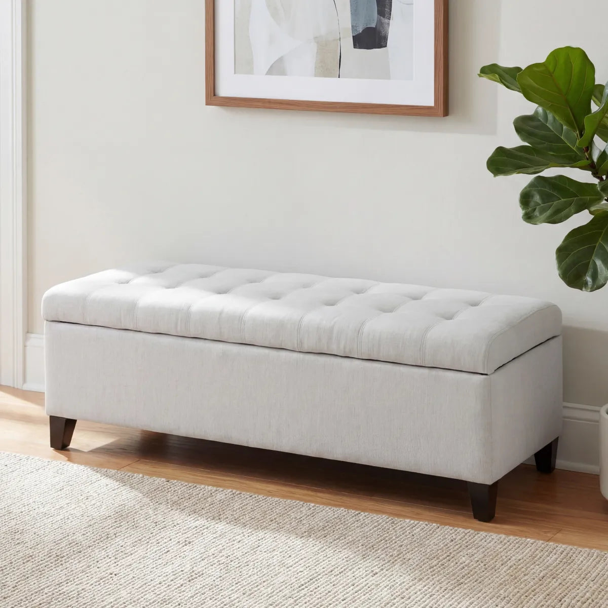 Upholstered Storage Ottoman Bench, Light Grey