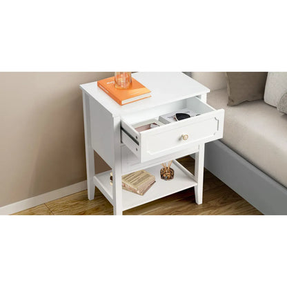 White Wood Nightstand with 2 Drawers and Open Shelf